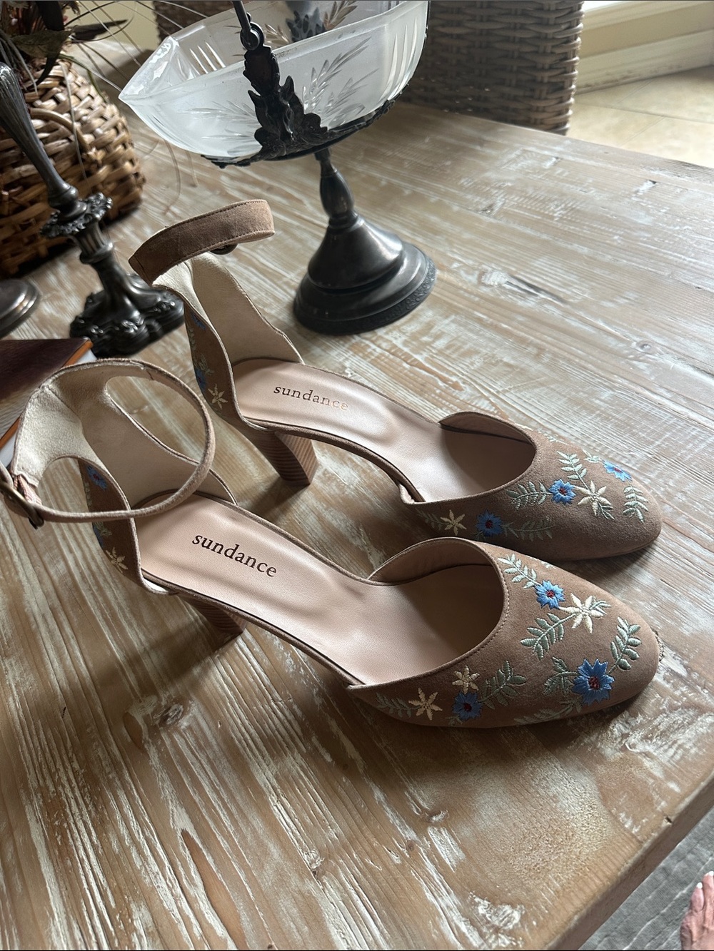 Sundance Brown Embroidered Ankle-Strap Heels with Blue Floral Accents